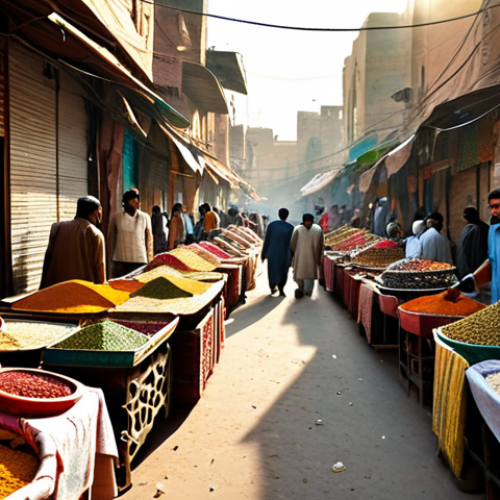 Home 19 **
"A bustling marketplace in Lahore, Pakistan, brimming with vibrant textiles, spices, and street food vendors. Golden sunlight filters through the narrow alleys. Intricate patterns and warm colors dominate the scene. A family-friendly and festive atmosphere. Safe for work. Appropriate content. Fully clothed. Professional photography."
**
