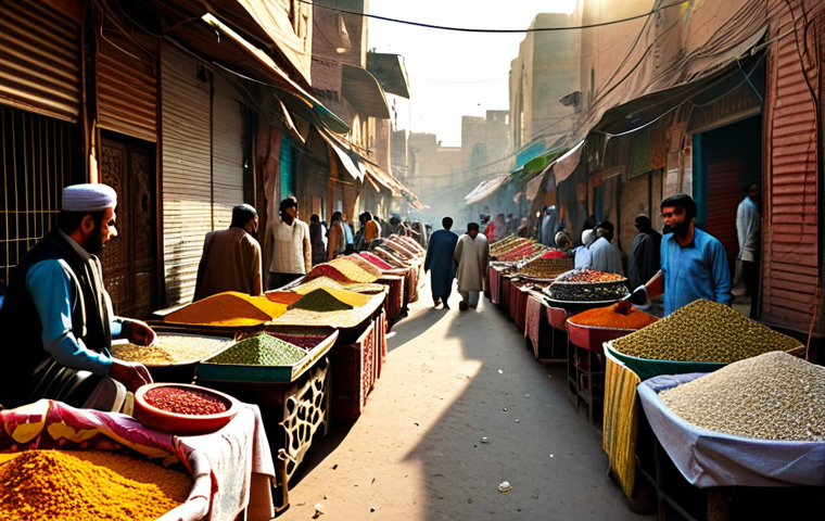 **
"A bustling marketplace in Lahore, Pakistan, brimming with vibrant textiles, spices, and street food vendors. Golden sunlight filters through the narrow alleys. Intricate patterns and warm colors dominate the scene. A family-friendly and festive atmosphere. Safe for work. Appropriate content. Fully clothed. Professional photography."
**
